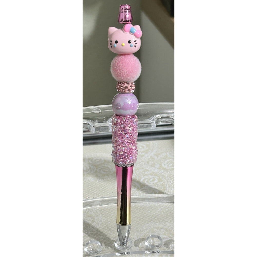 Custom Beaded Pen Hello Kitty Metallic Pink Rhinestone Pearl Glitter Handmade